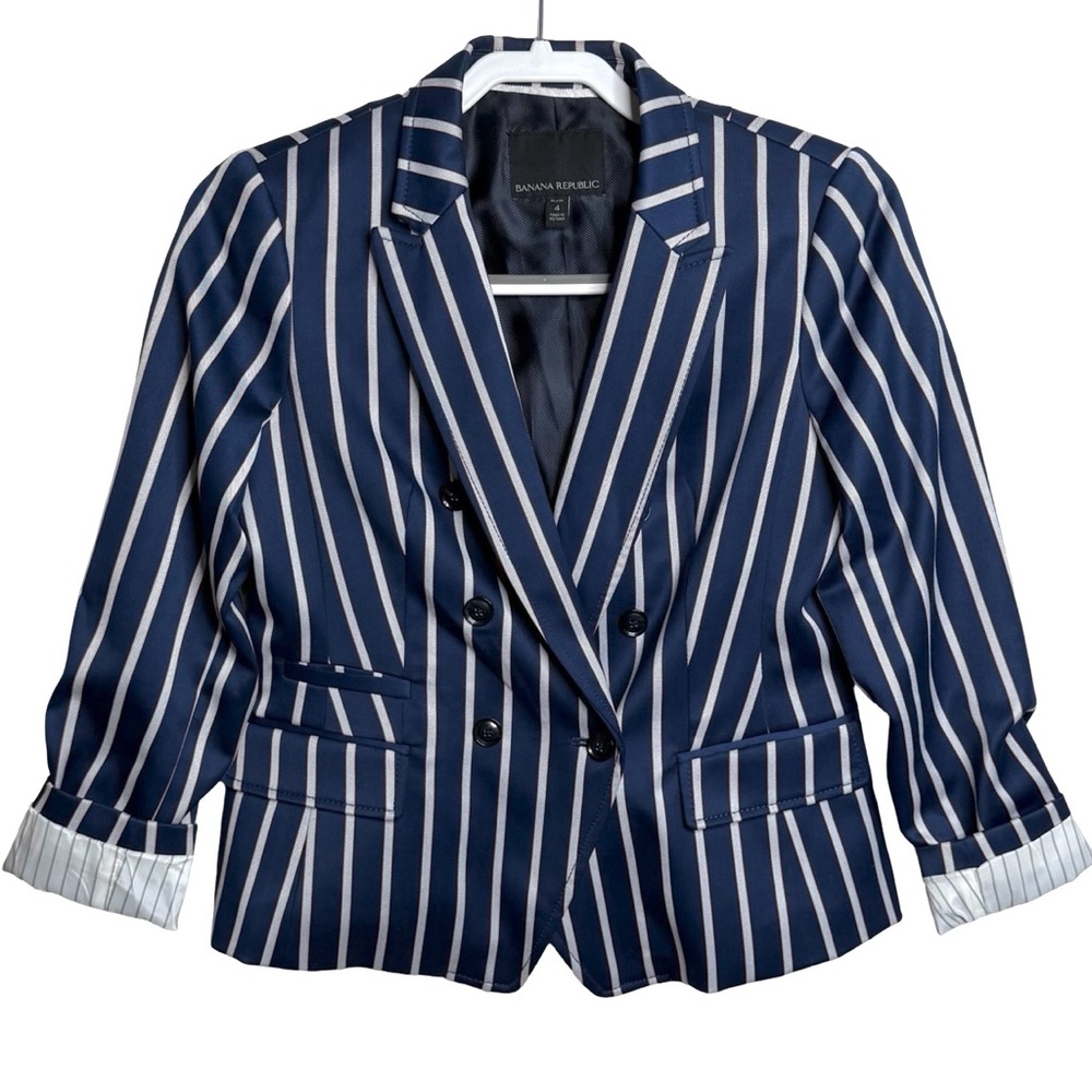 Banana Republic Captains Double-Breasted Navy Pinstripe Blazer‎ Sz 4 Petite
